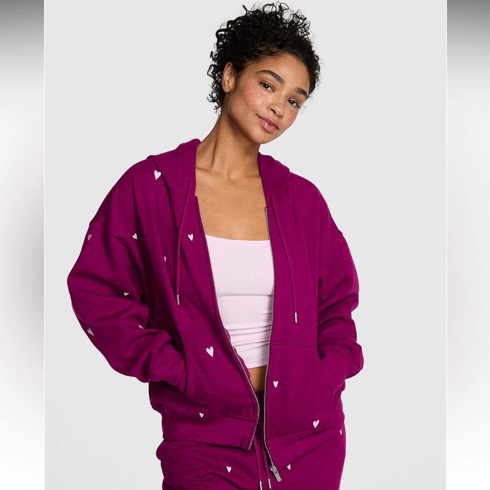 Victoria’s Secret PINK embroidered hearts campus Hoodie pants sweats set zip Med
